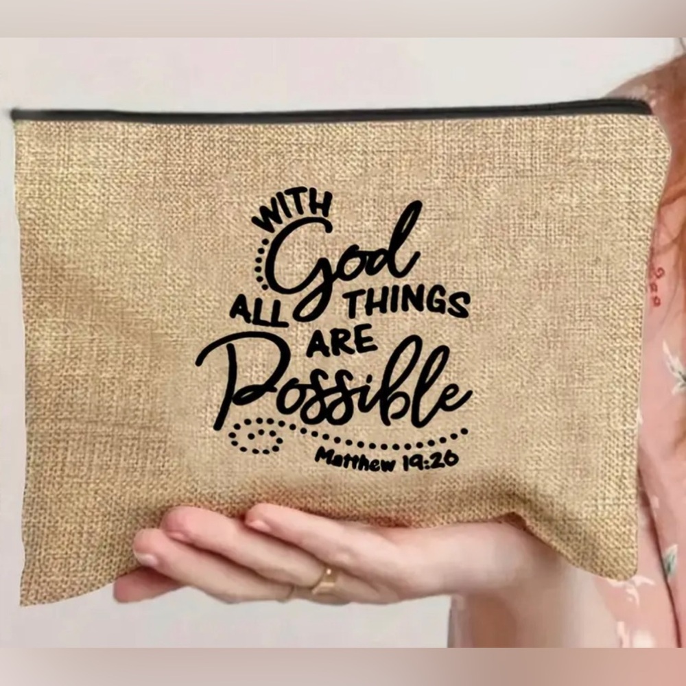 1 Inspirational Quote Nylon Cosmetic Bag, Khaki, Unlined, Buckle Closure